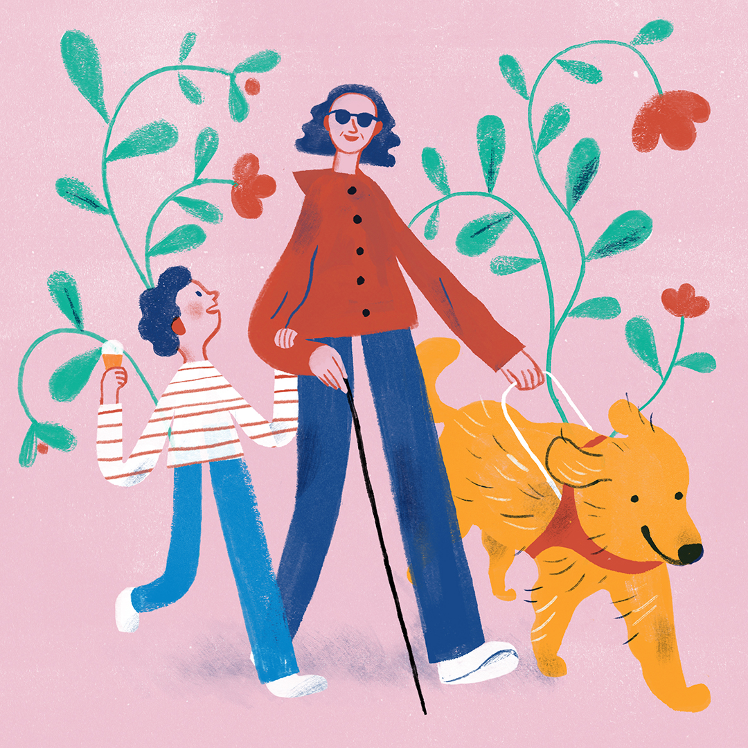 Illustration of a woman using a walking stick and guide dog, walking with her child. 