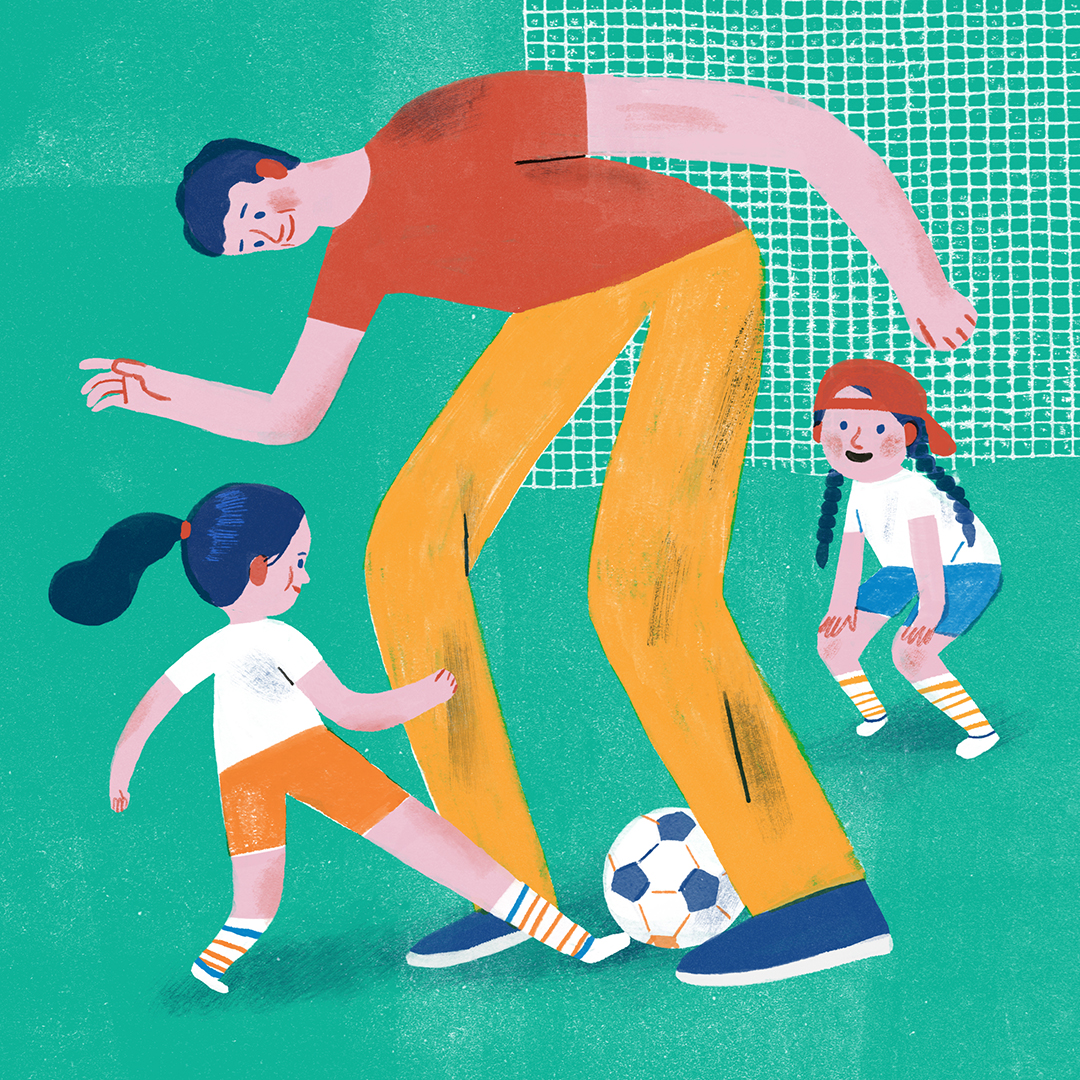 Illustration of a father playing football with two girl children. 