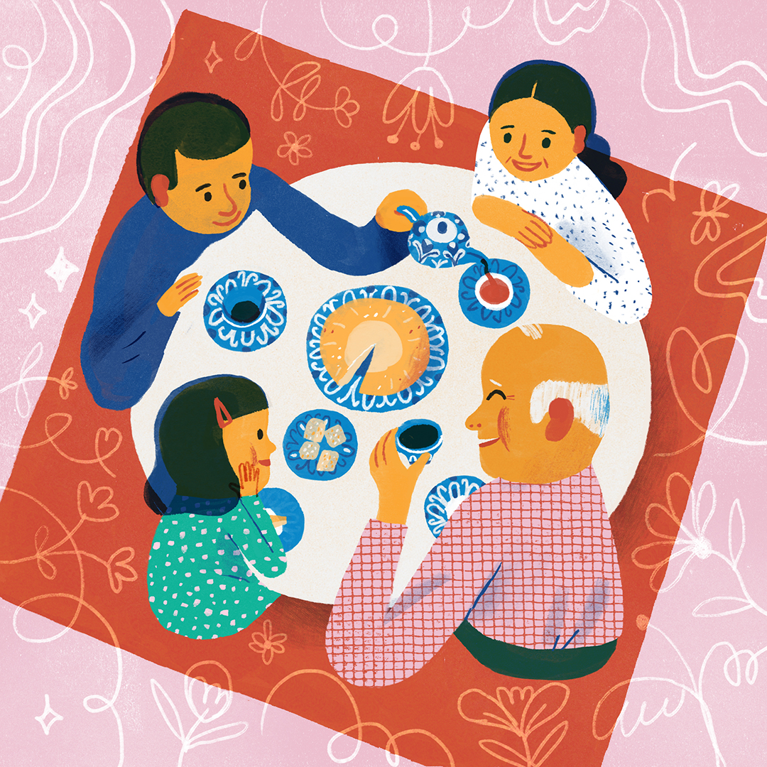 Illustration of a family sharing tea at a table. There is a mother, father, girl child and older man.