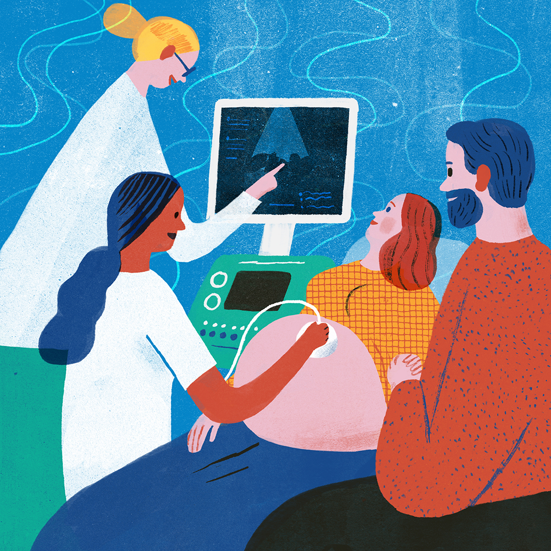 Illustration of a woman having an ultrasound.