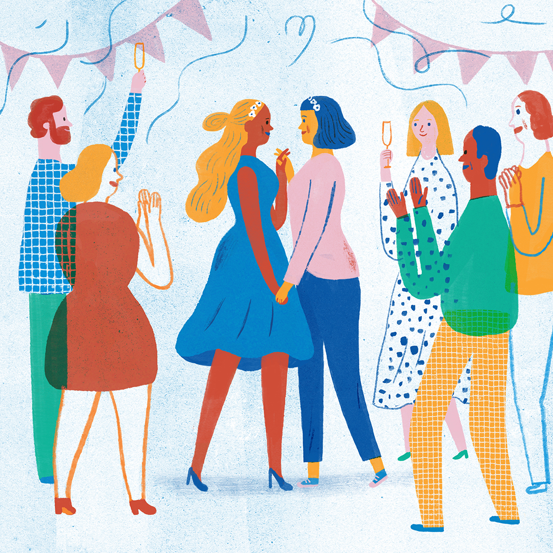 Illustration of two women holding hands and looking into each other's eyes. They are surrounded by people celebrating.