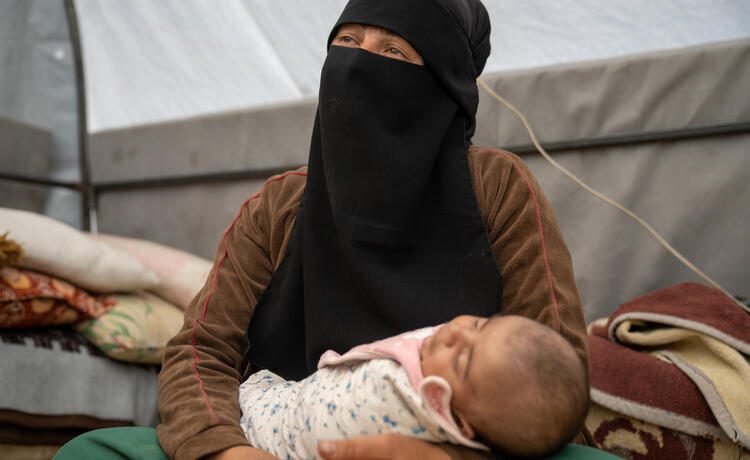 Um Subhi is a new mother being supported by UNFPA and partners at a temporary camp in Jinderis, Syria, following the earthquakes. 