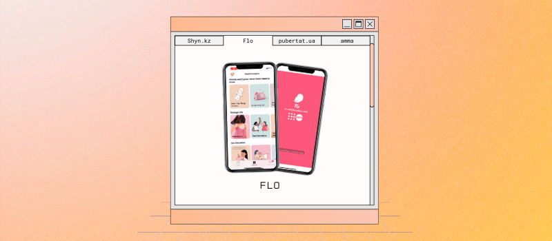 An orange-toned graphic with a browser window displaying two smartphones with an app open