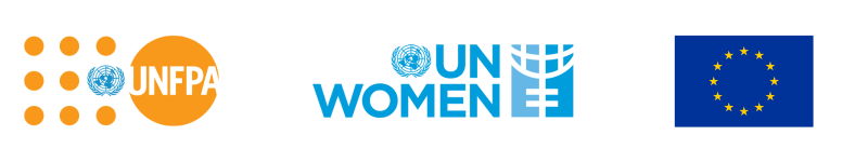 Logos of UNFPA, UNwomen and the EU flag