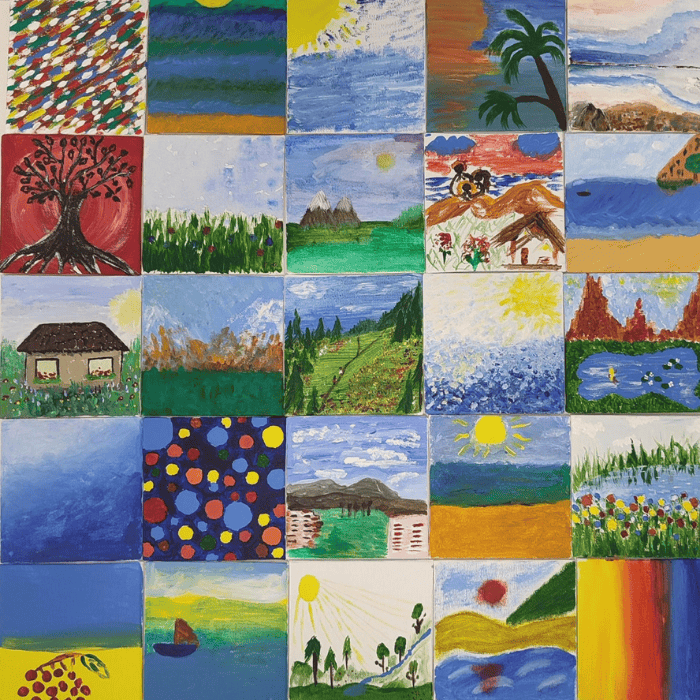 Colourful collage of square paintings drawn by Ukrainian refugee women during art therapy session asking them what 'safe space' means to them