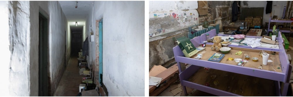 Two images side by side: On the right, a children's play areas in the basement, with a teddy bear and various small toys strewn on top of a small purple table. On the left, a narrow, poorly lit basement hallway. Walls are faded white, old school equipment like chairs and stools line the sides