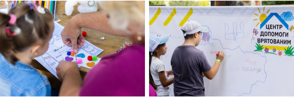 Two photos side by side: On the right, a young girl and boy draw on a white board. On the left, a woman in a bright magenta shirt helps a young girl decorate a piece of paper with colourful pompoms and glittery heart stickers.