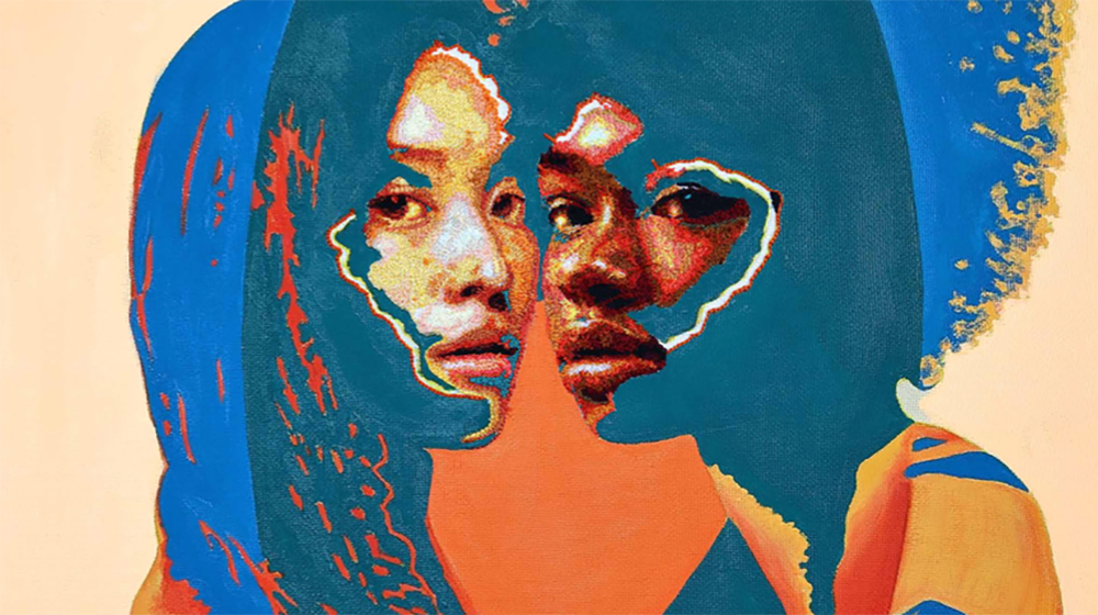 An abstract illustration of two women facing each other with their heads slightly touching.