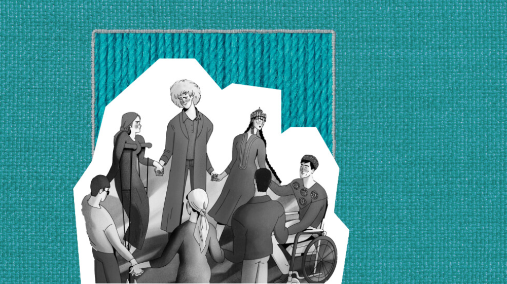 Illustration of a group of people, some with disabilities, holding hands in a circle. Background has a turquoise knit pattern. 