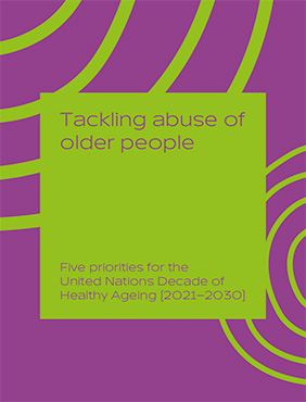 Cover of publication is purple with green swirls. It includes the title, "Tackling Abuse of Older People"