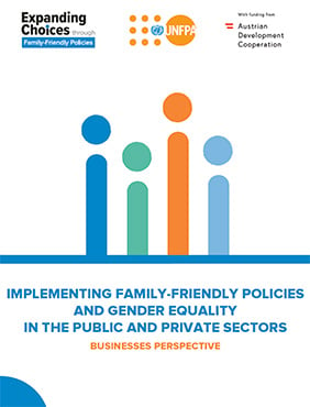 Colorful cover of publication shows logos and title, "Implementing Family-friendly Policies And Gender Equality"