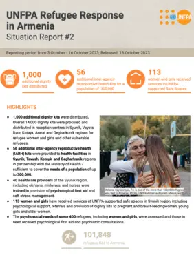 The cover of the Armenia situation report #2 with a photograph of an older woman being hugged by a younger woman