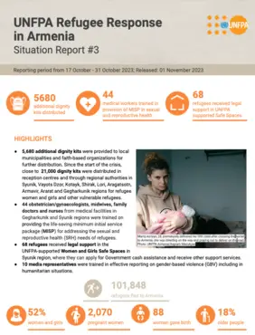 The cover of the Armenia situation report #3 with a photograph of a young mother holding a baby.