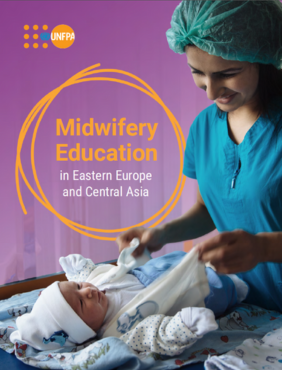 Cover of publication shows a female healthcare worker tending to a newborn baby. The title "Midwifery Education" is shown.
