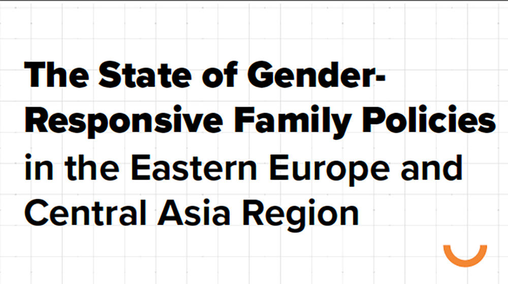 A white card with black text reading "The State of Gender-Responsive Family Policies in Eastern Europe and Central Asia"