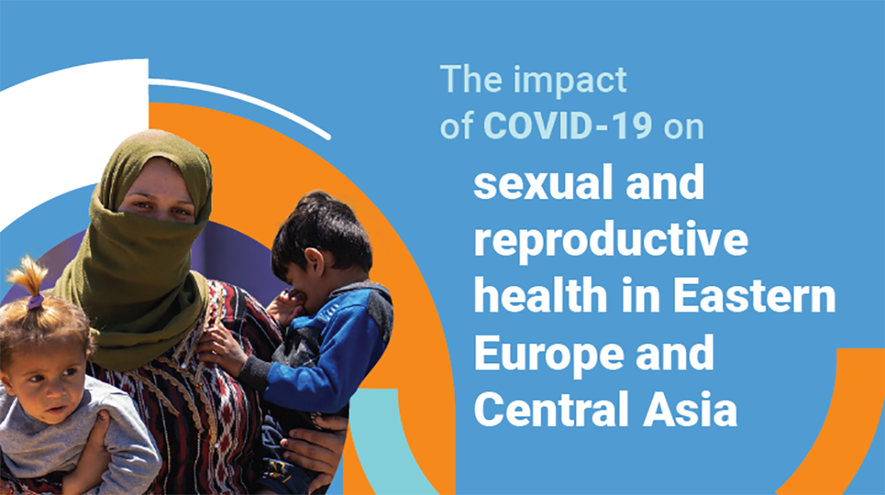 A photo of a woman with a boy and girl child. The title reads "The impact of COVID-19 on sexual and reproductive health".