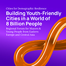 A purple card reads "Building Youth-Friendly Cities in a World of 8 Billion People." It shows an orange 8, or infinity symbol. 