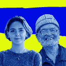 A young woman and an older man over a blue and yellow background