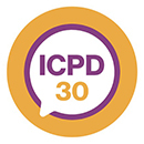 An orange circle with a purple and white center that reads "ICPD30"