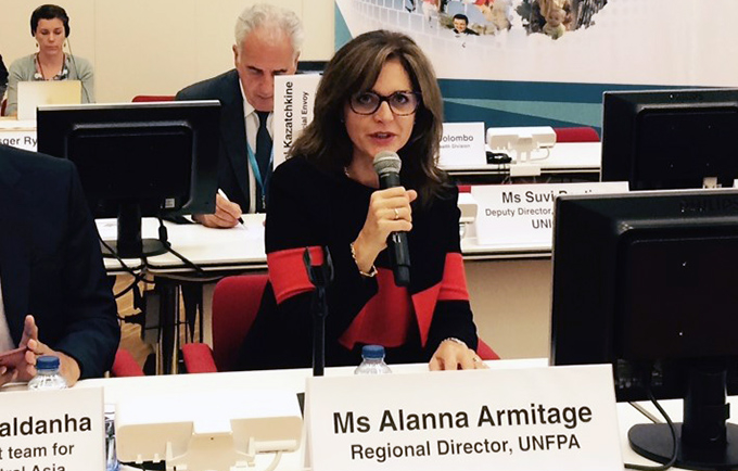 UNFPA Regional Director Alanna Armitage speaks at the 66th session of the WHO Regional Committee for Europe.