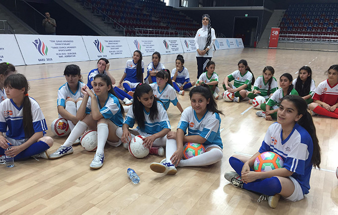 Girls attend a football programme run by UNFPA and the Special Olympics in Azerbaijan