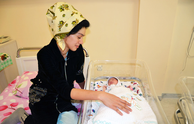 A mother and her newborn at a birthing centre outside Ashgabat