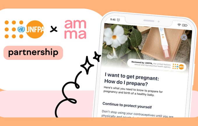 An orange card with UNFPA and AMMA logos and a cell phone with text on it