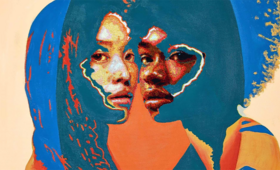 An abstract illustration of two women facing each other with their heads slightly touching.