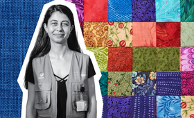 Black and white cutout photo of a young smiling woman in a UNFPA-branded vest. Colorful quilt pattern is placed behind her.