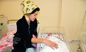 A mother and her newborn at a birthing centre outside Ashgabat