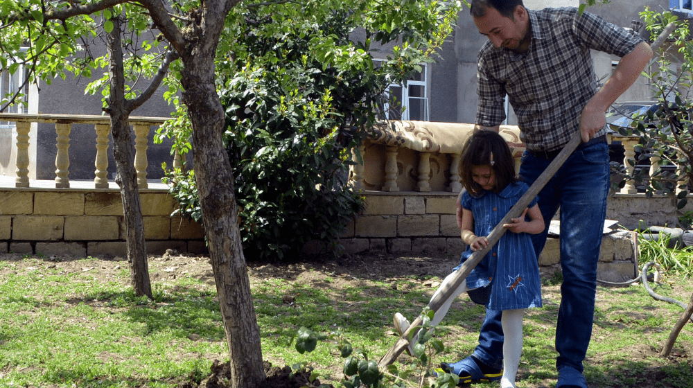 A man in a checkered button shirt and jeans stands outside in a green garden behind his young daughter who is wearing a denim dress and white tights. They are holding a shovel together and the man is supporting the girl as she uses her foot to push the shovel head into the dirt to plant a large tree