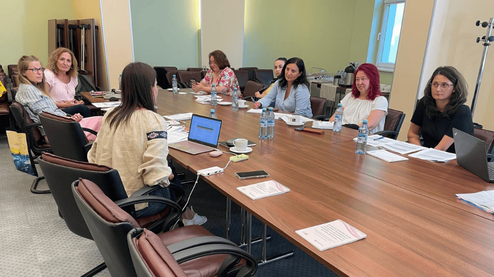 Eight women discuss around a conference room table, notepads and papers are scattered on the table, two women have laptops open. On the far right side is Raluca Cozmuța, a young woman with a limb deficiency in her left arm listens with a neutral expression. She has brown hair and circular glasses.