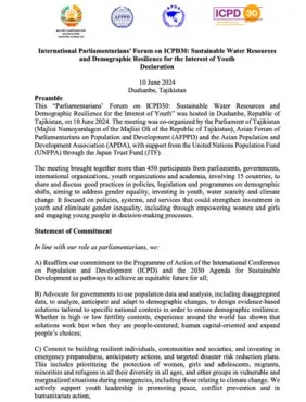 International Parliamentarians’ Forum on ICPD30: Sustainable Water Resources and Demographic Resilience for the Interest of Youth Declaration