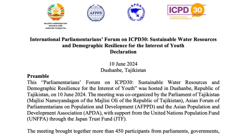 International Parliamentarians’ Forum on ICPD30: Sustainable Water Resources and Demographic Resilience for the Interest of Youth Declaration