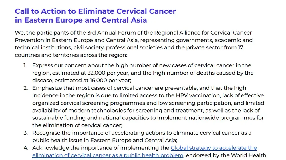 Call to Action: Annual Forum of the Regional Alliance for Cervical Cancer Prevention in Eastern Europe & Central Asia