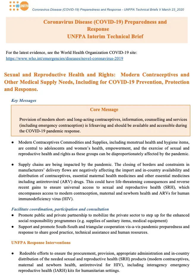 Sexual and Reproductive Health and Rights: Modern Contraceptives and Other Medical Supply Needs, Including for COVID-19 Prevention, Protection and Response