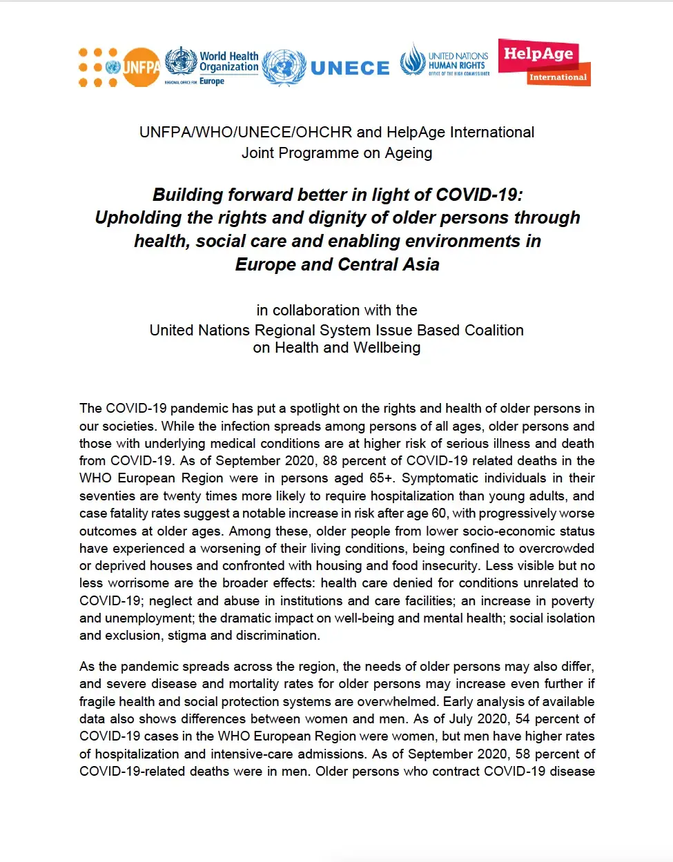 Building forward better in light of COVID-19: Upholding the rights and dignity of older persons through health, social care and enabling environments in Europe and Central Asia