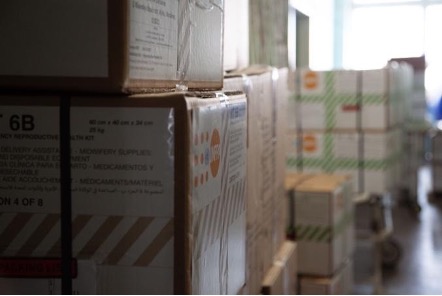 Boxes of UNFPA-provided medical supplies are stacked in Odesa's Maternity Hospital No. 5